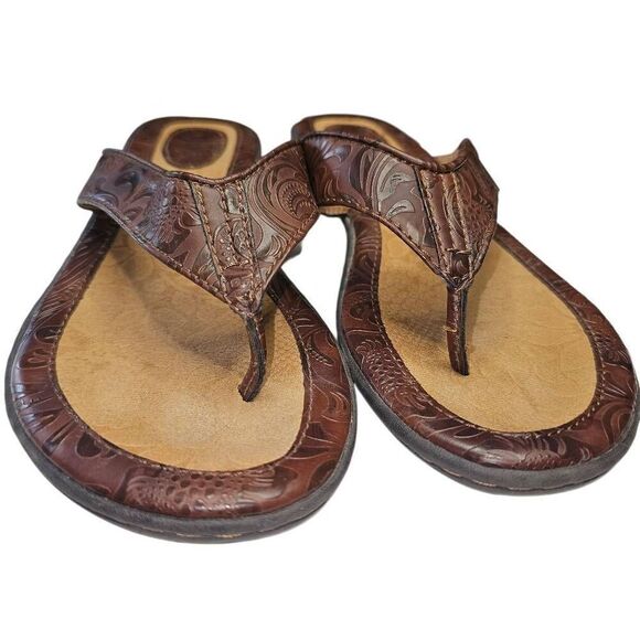 BOC Women's Size 11 Leather Sandals Flip Flops Thongs Brown Island Floral Brown - Picture 3 of 8